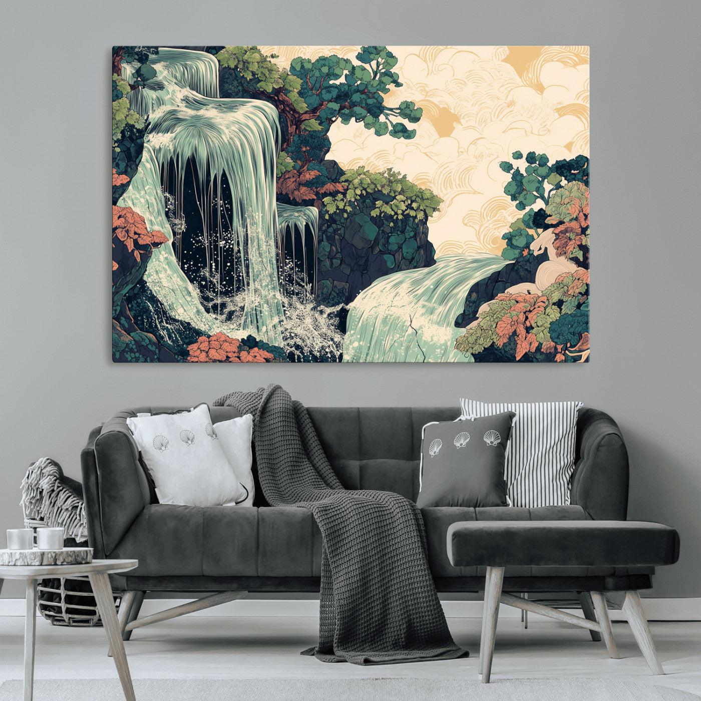 Stylized waterfall flowing through rocky terrain and lush foliage in an oriental art style, ideal for peaceful and nature-themed interiors.