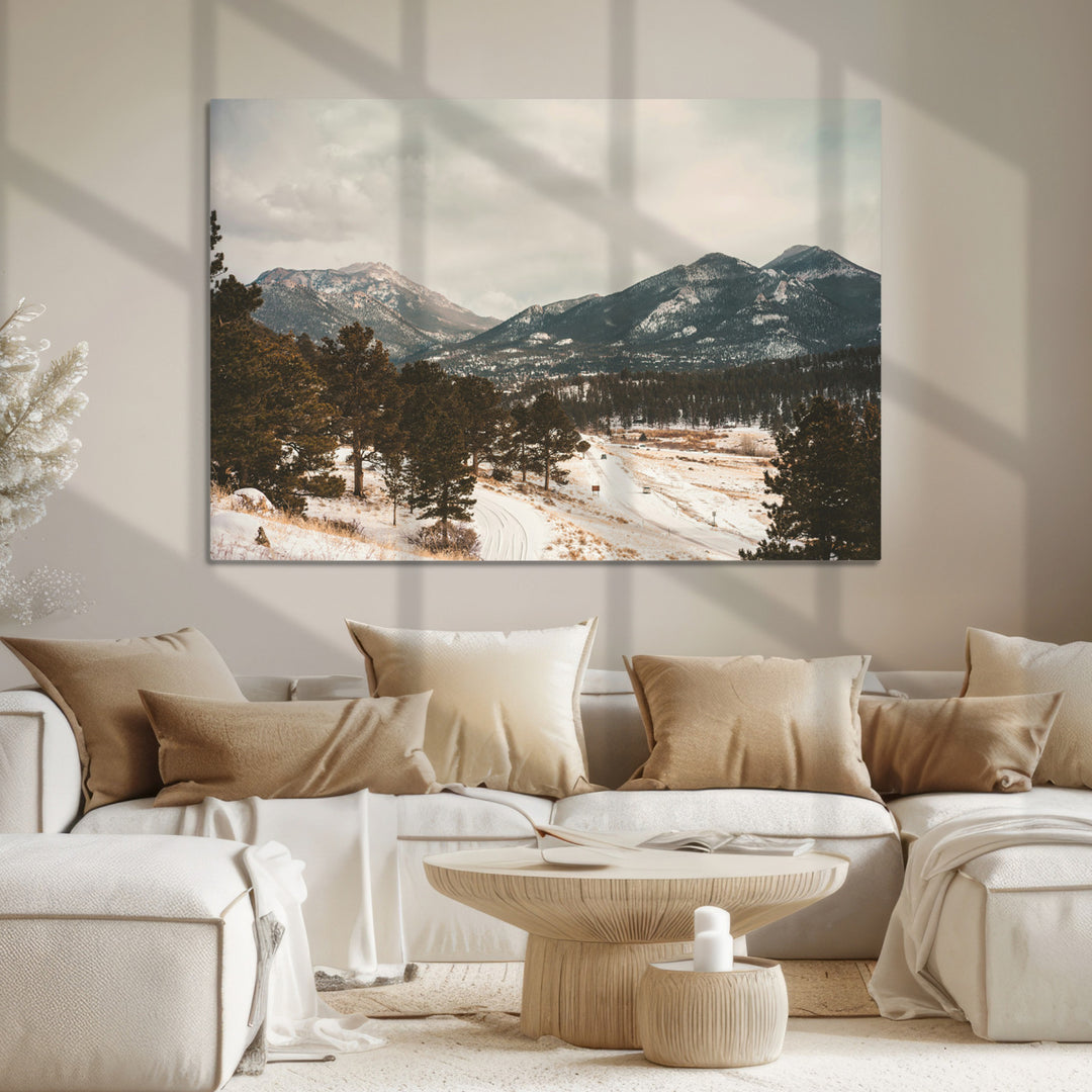 Mountain Landscape Wall Art Canvas Print, Framed Snowy Peaks Art Picture Print, Alpine Aesthetic Perfect Rustic Winter Decor Artwork