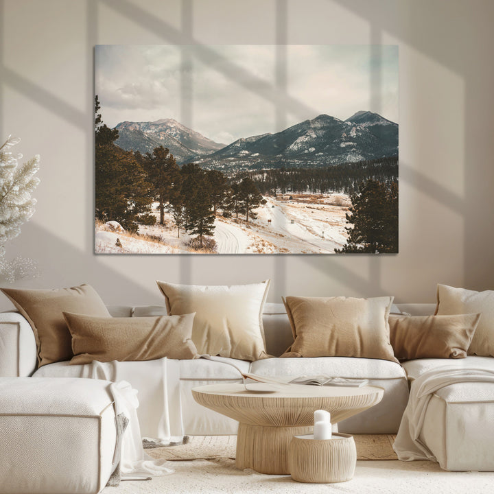Mountain Landscape Wall Art Canvas Print, Framed Snowy Peaks Art Picture Print, Alpine Aesthetic Perfect Rustic Winter Decor Artwork