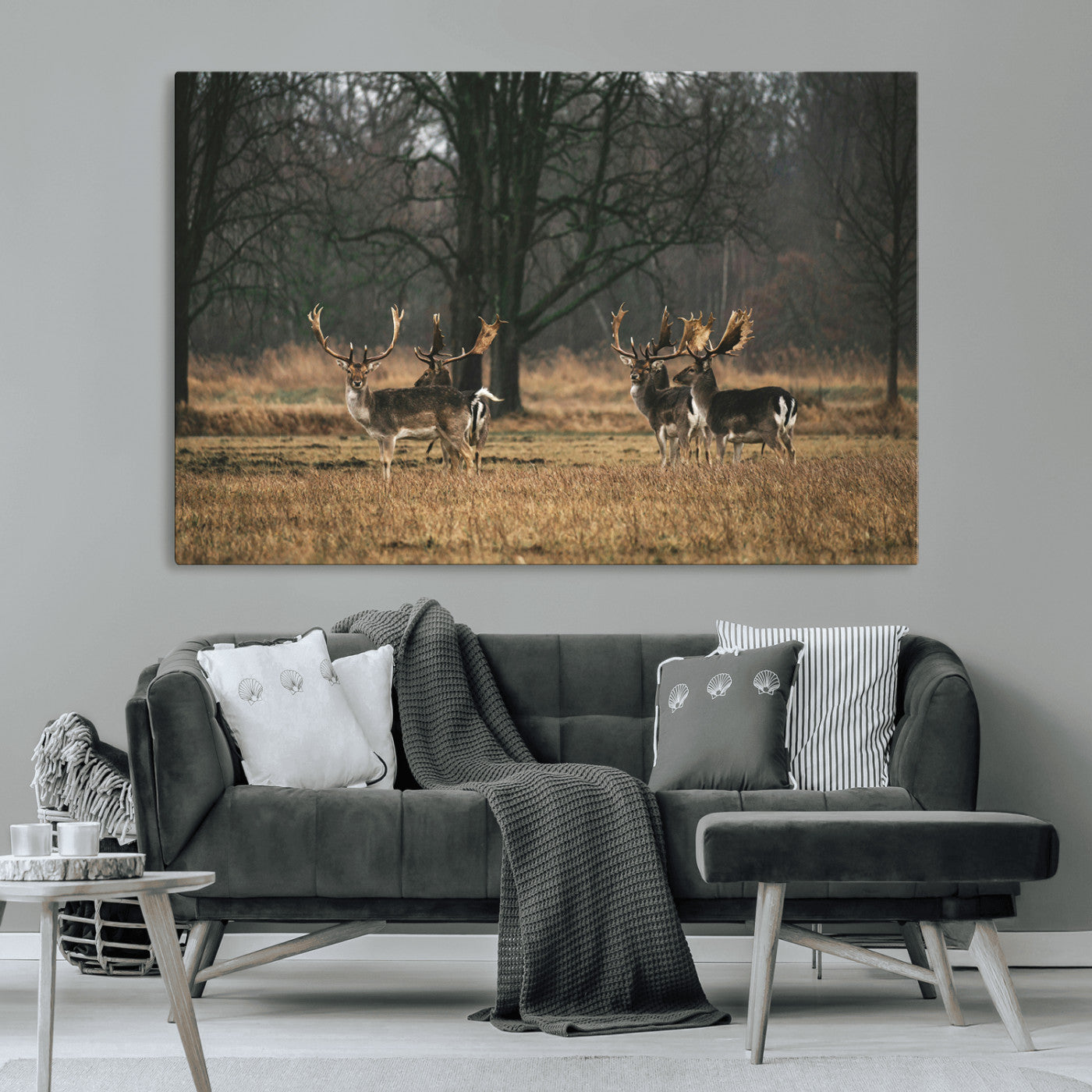 A group of majestic deer standing in a golden field with bare trees in the background, creating a peaceful woodland scene.