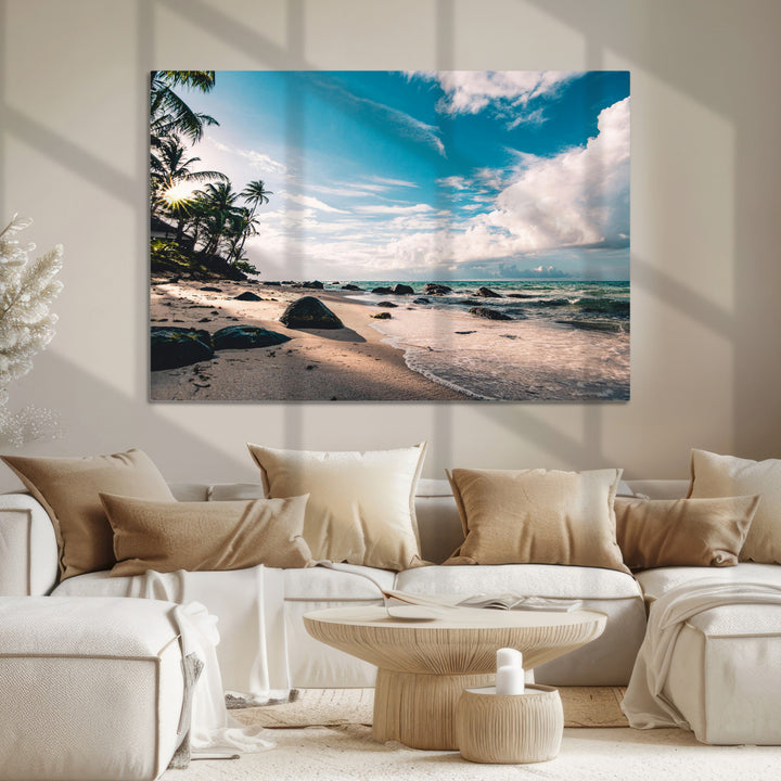 Tropical Beach Wall Art Canvas Print, Framed Ocean Waves Art Picture Print, Relaxing Seascape Perfect Tropical Coastal Decor Artwork