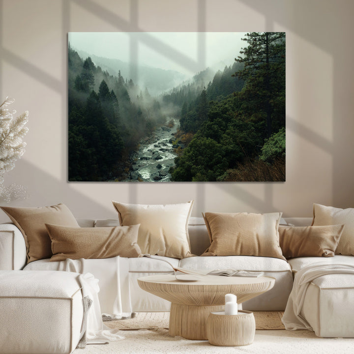 Misty Forest Wall Art Canvas Print, Framed Foggy River Art Picture Print, Moody Landscape Perfect Wilderness Decor Artwork