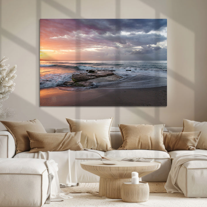 Golden Hour Wall Art Canvas Print, Framed Tranquil Waves Art Picture Print, Beach Perfect Coastal Serenity Decor Artwork