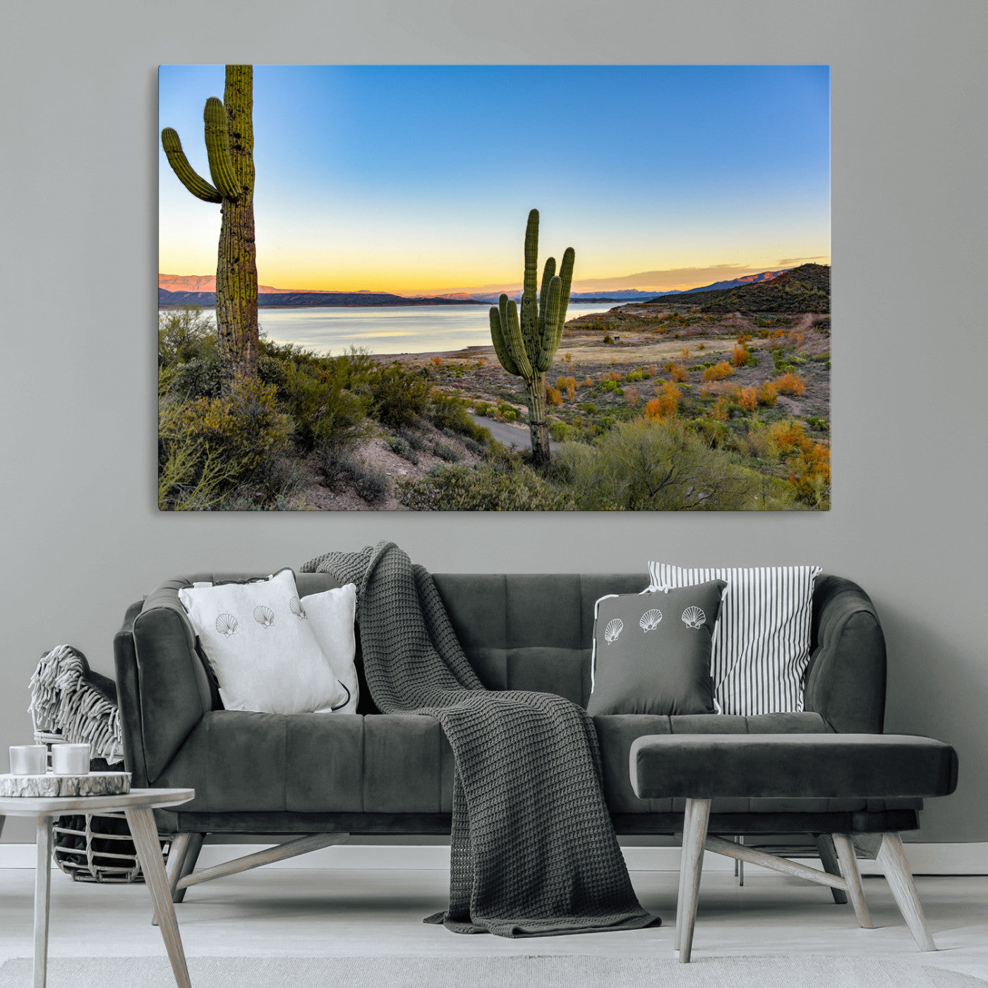 Desert landscape with saguaro cacti and lake at sunset, featuring vibrant sky and hills, ideal for Southwestern or rustic wall decor.
