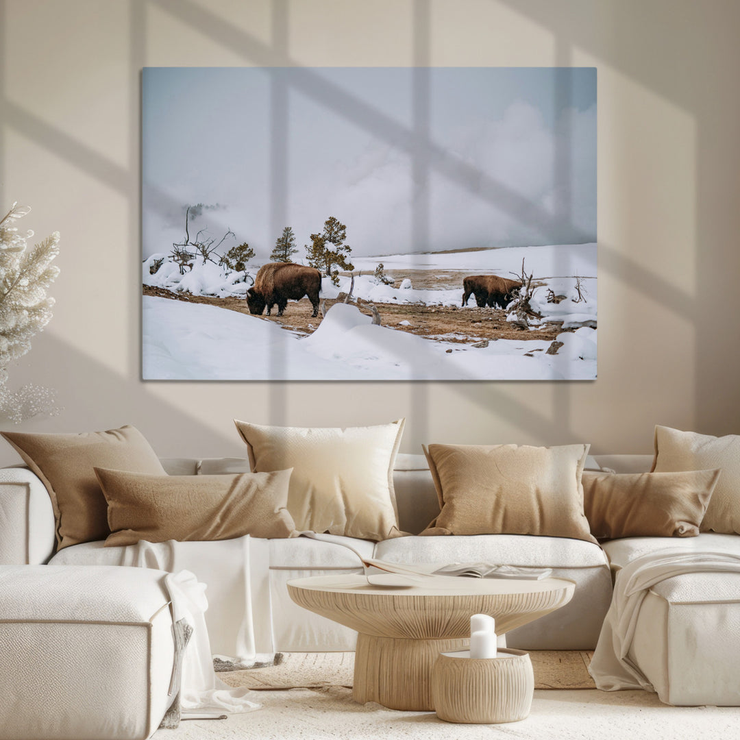 Bison Wildlife Wall Art Canvas Print, Framed Snowy Prairie Art Picture Print, Western Perfect Rustic Decor Artwork