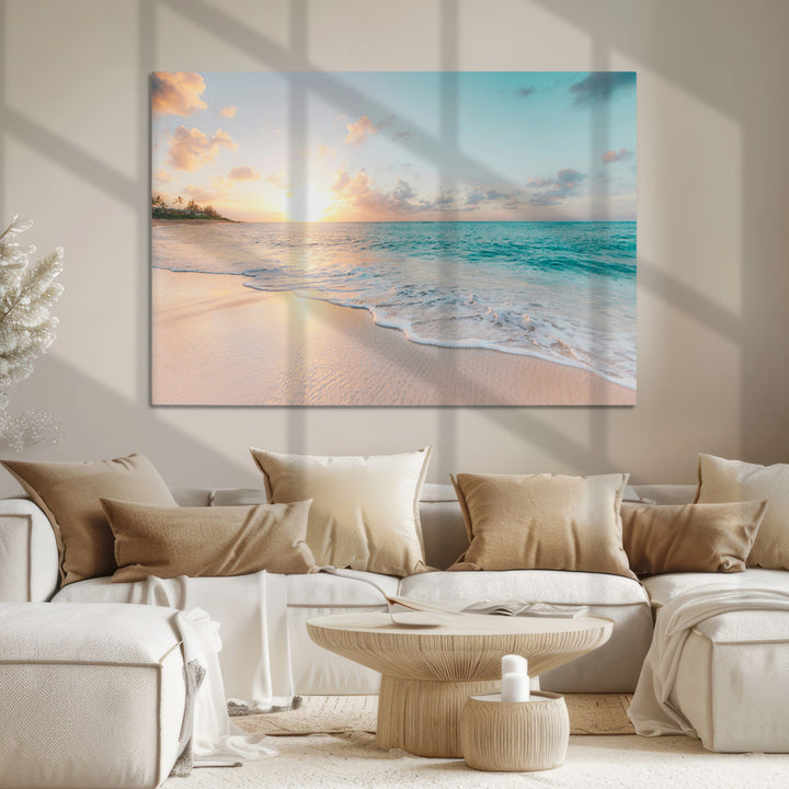 Beach Sunset Wall Art Canvas Print, Framed Ocean Waves Art Picture Print, Summer Escape Perfect Coastal Decor Artwork