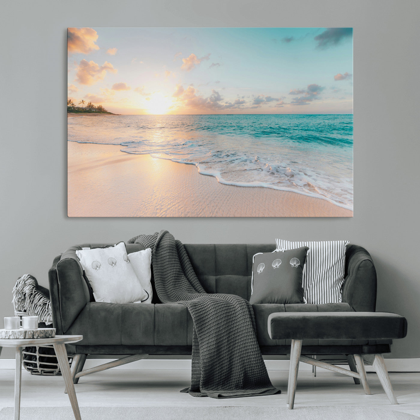 Golden sunset over a tropical beach with gentle ocean waves and soft white sand, creating a peaceful and relaxing coastal scene.