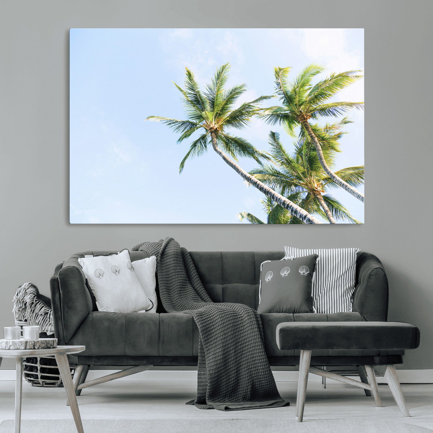 Tall palm trees swaying under a bright blue sky, capturing a tropical and minimalist beach vibe, perfect for coastal-inspired wall art.