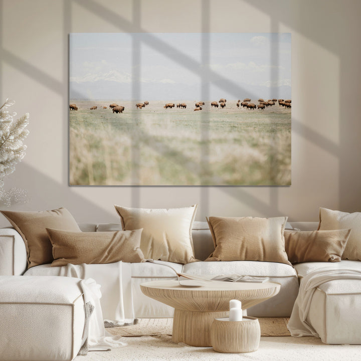 Bison Herd Wall Art Canvas Print, Framed Western Art Picture Print, Bison Perfect Ranch Decor Artwork