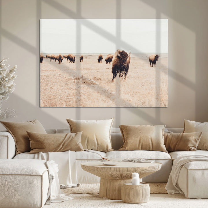 Bison Herd Wall Art Canvas Print, Framed Western Art Picture Print, Prairie Serenity Perfect Ranch Decor Artwork