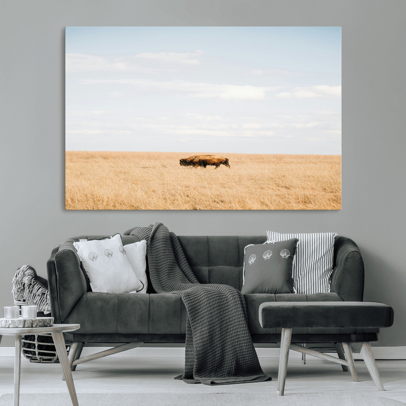 MGV-CV-36X24 - Minimalist Nature Wall Art Canvas Print, Framed Bison In Grassland Art Picture Print, Open Field Perfect Modern Ranch Decor Decor Artwork