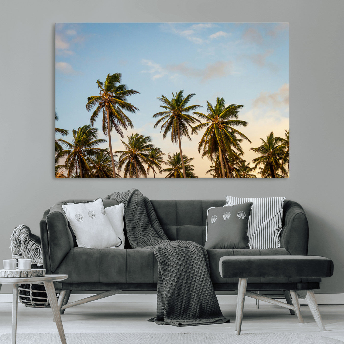 Tall palm trees swaying under a soft sunset sky, creating a tropical and relaxing atmosphere, perfect for coastal and beach-inspired wall art.