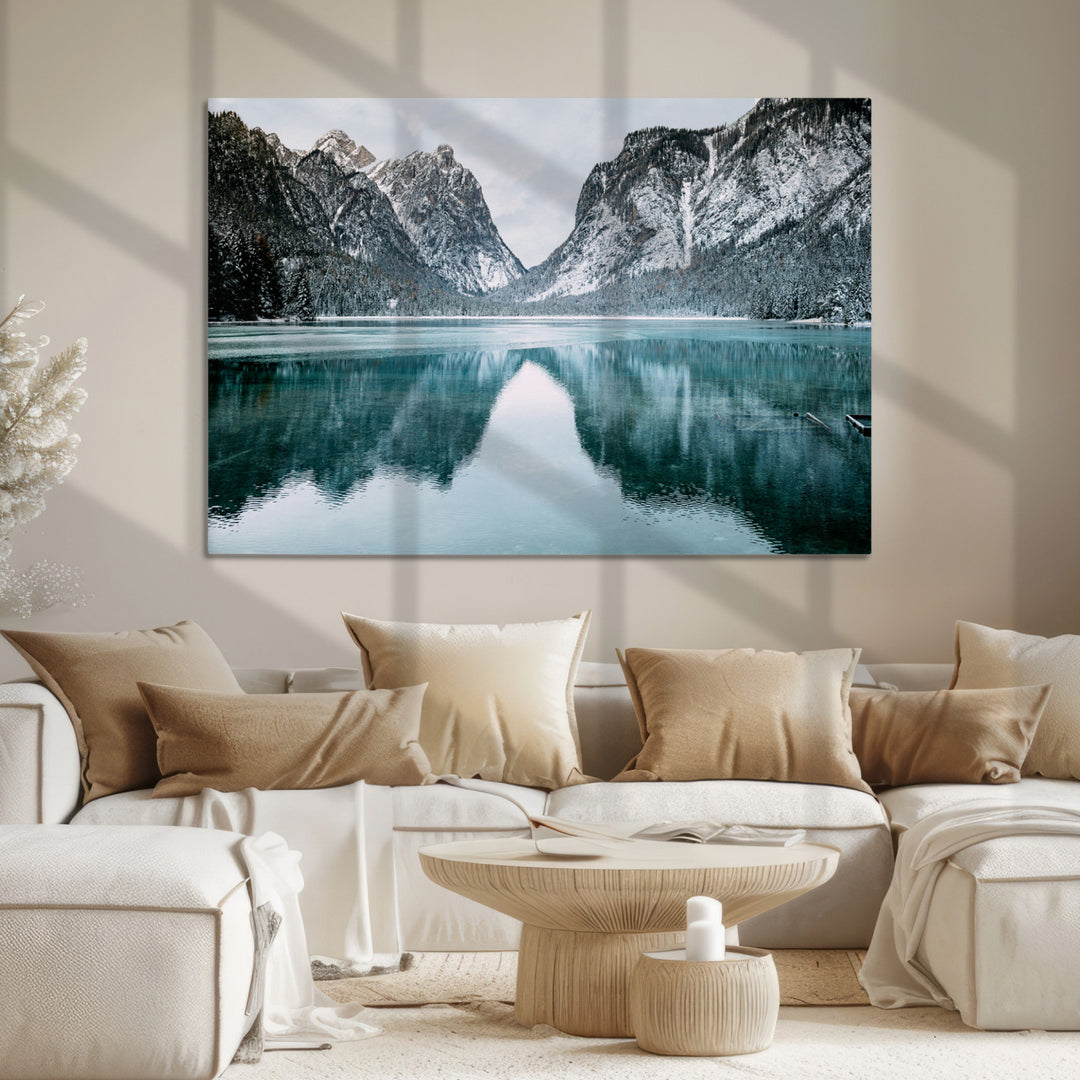 Mountain Lake Wall Art Canvas Print, Framed Winter Wonderland Art Picture Print, Snowy Peaks Perfect Modern Nature Decor Artwork