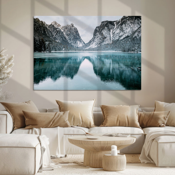 Mountain Lake Wall Art Canvas Print, Framed Winter Wonderland Art Picture Print, Snowy Peaks Perfect Modern Nature Decor Artwork
