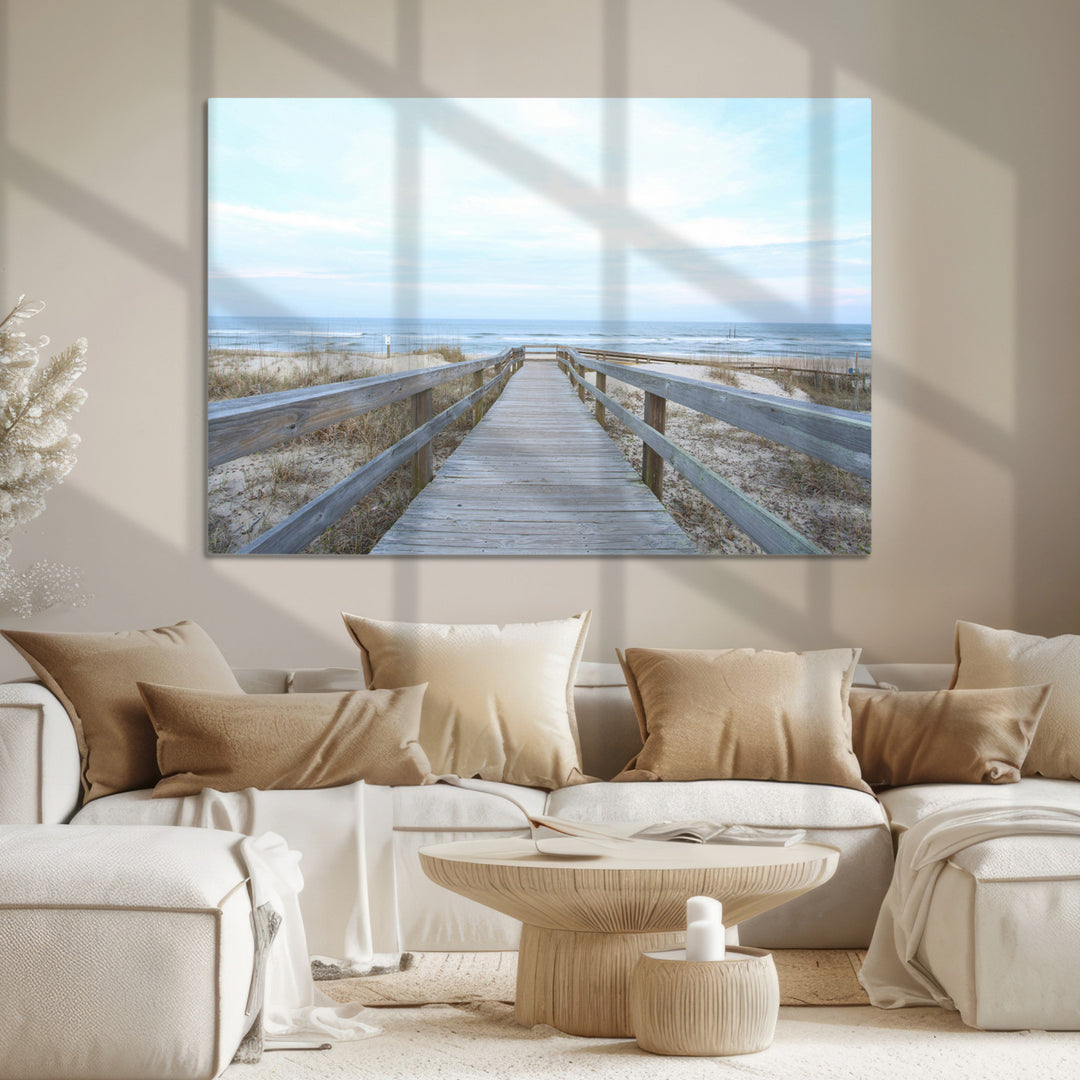 Beach Boardwalk Wall Art Canvas Print, Framed Coastal Serenity Art Picture Print, Ocean View Perfect Coastal Decor Artwork