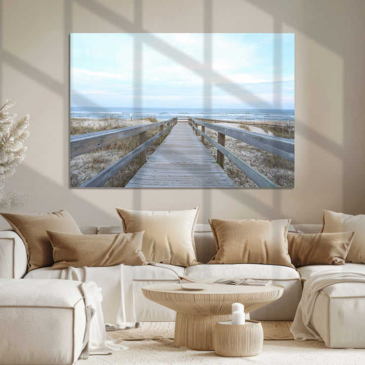 Beach Boardwalk Wall Art Canvas Print, Framed Coastal Serenity Art Picture Print, Ocean View Perfect Coastal Decor Artwork