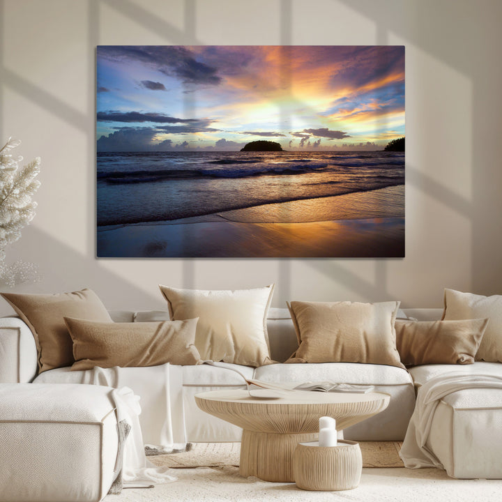 Beach Sunset Wall Art Canvas Print, Framed Ocean Waves Art Picture Print, Tropical Seascape Perfect Coastal Serenity Decor Artwork