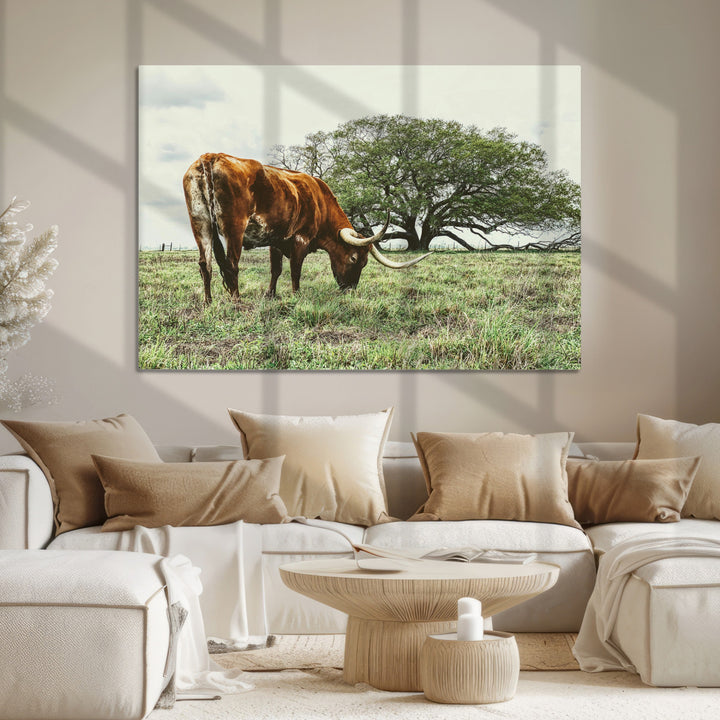 Texas Longhorn Wall Art Canvas Print, Framed Rustic Ranch Art Picture Print, Western Cattle Perfect Rustic Farmhouse Decor Artwork