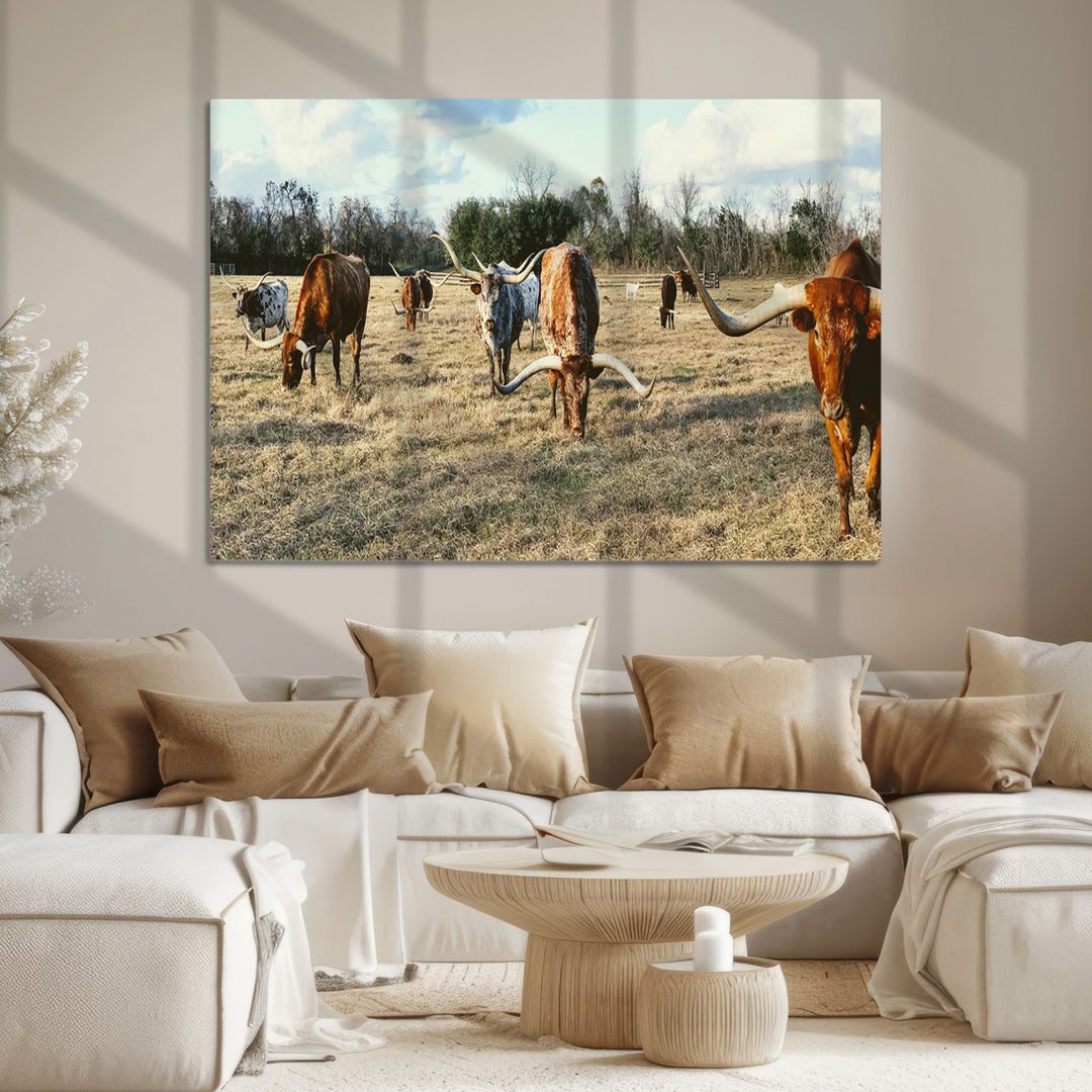 Texas Longhorns Wall Art Canvas Print, Framed Rustic Farm Scene Art Picture Print, Western Cattle Print Canvas Perfect Rustic Farmhouse