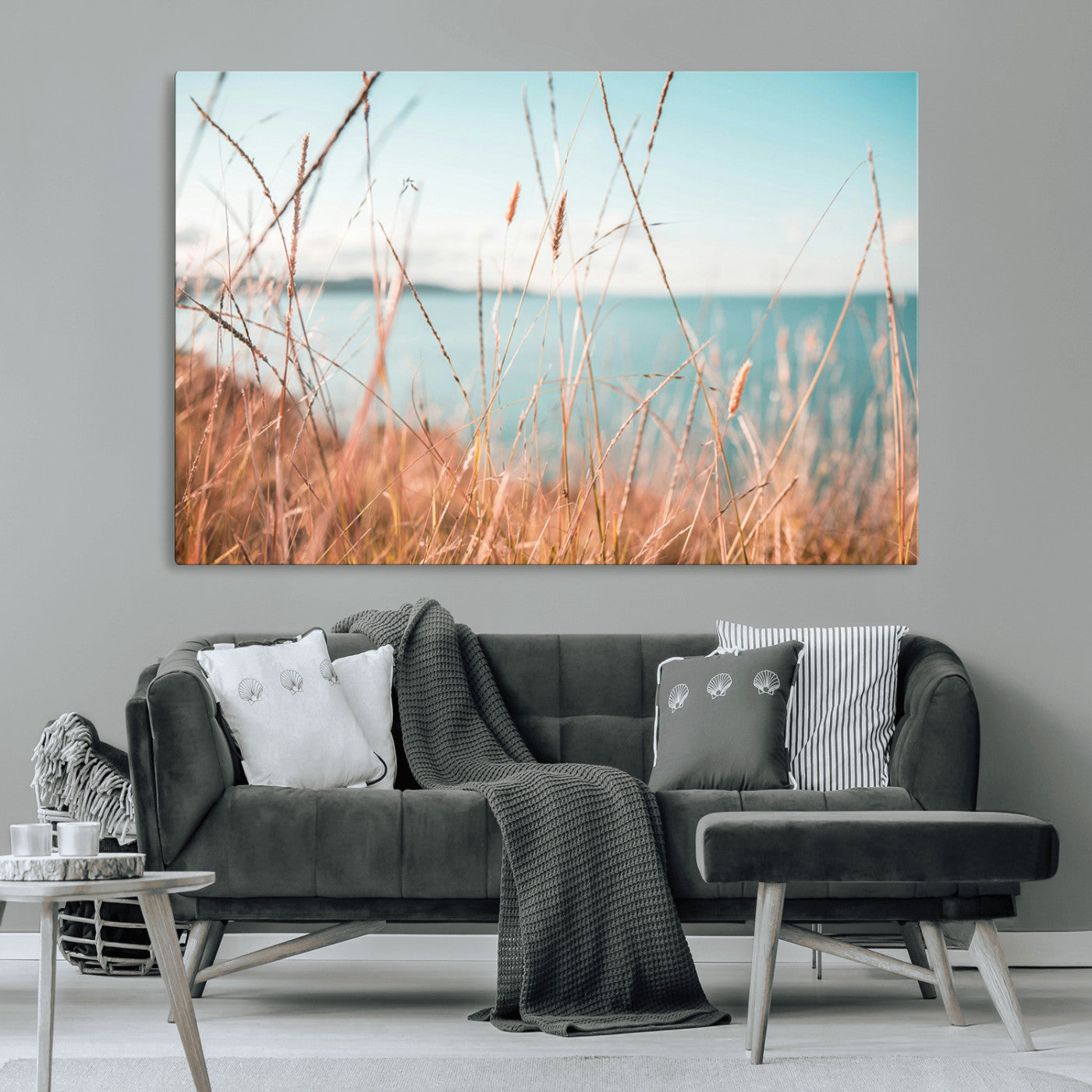 36108696-MGV-CV-36X24-Golden Beach Grass Ocean Breeze Soft Focus Tranquil Coastal Calm Blue Sky Seascape Nature Wall Art Canvas Print