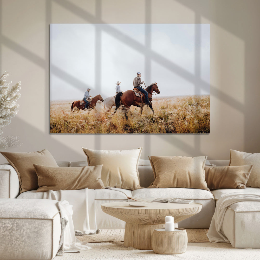 Western Cowboys Wall Art Canvas Print, Framed Rustic Prairie Art Picture Print, Horseback Riding Print Canvas, Perfect Rustic Western Decor