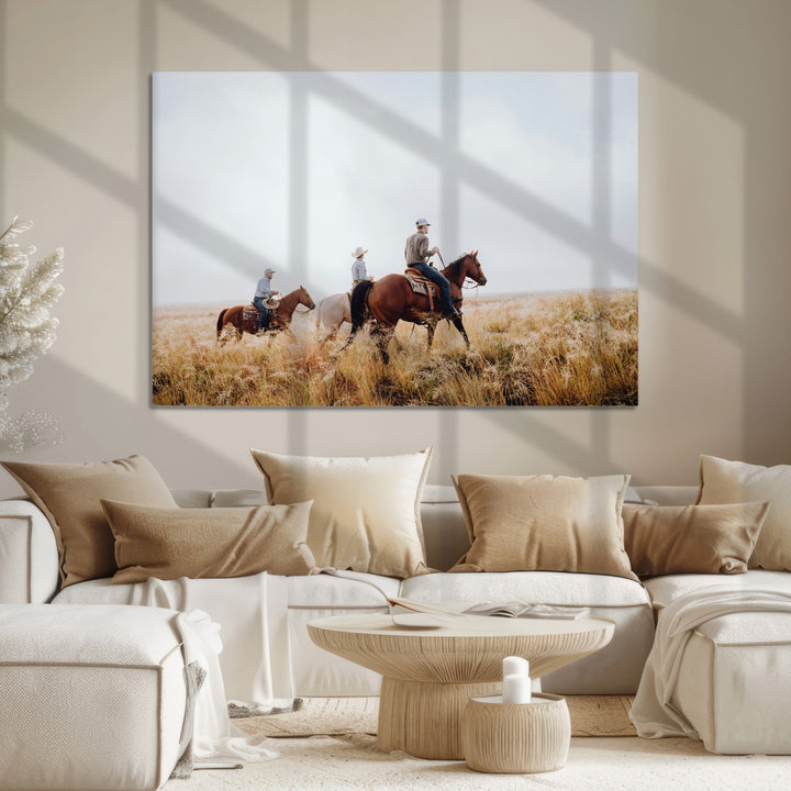 Western Cowboys Wall Art Canvas Print, Framed Rustic Prairie Art Picture Print, Horseback Riding Print Canvas, Perfect Rustic Western Decor