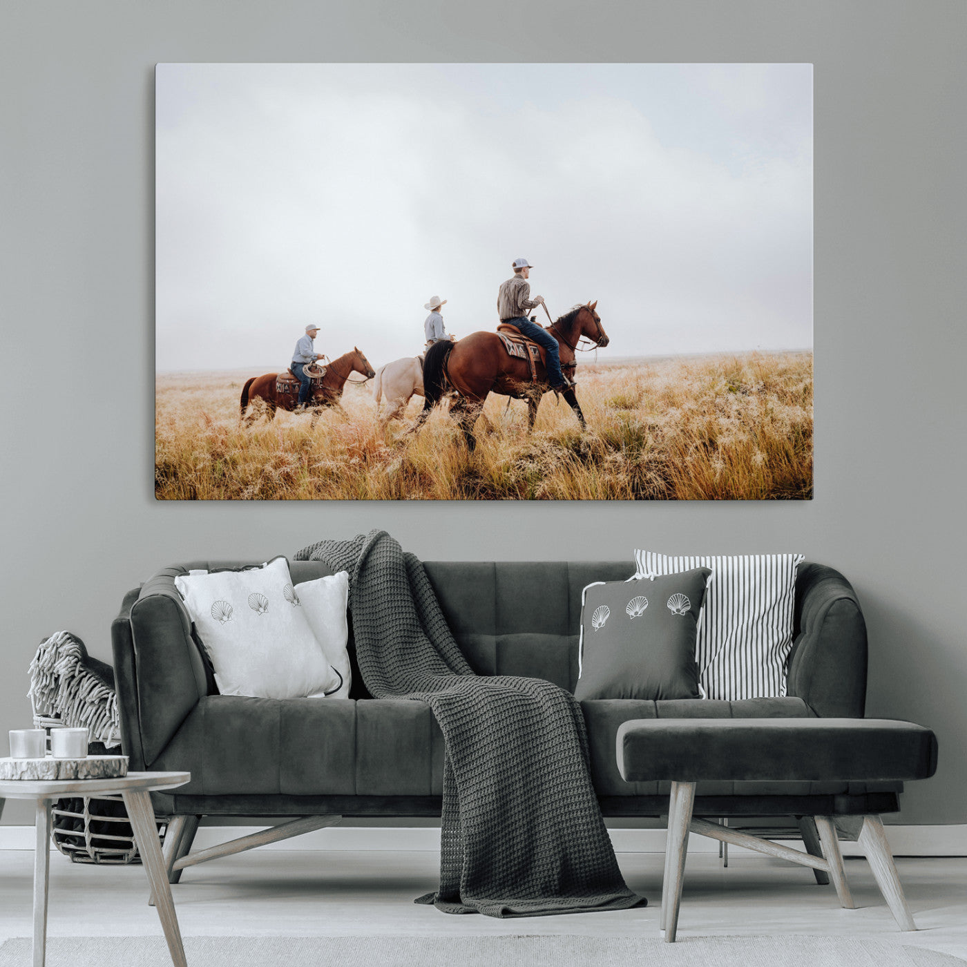 Three cowboys riding horses through a foggy prairie landscape, dressed in Western attire, evoking a rustic and adventurous Wild West aesthetic.