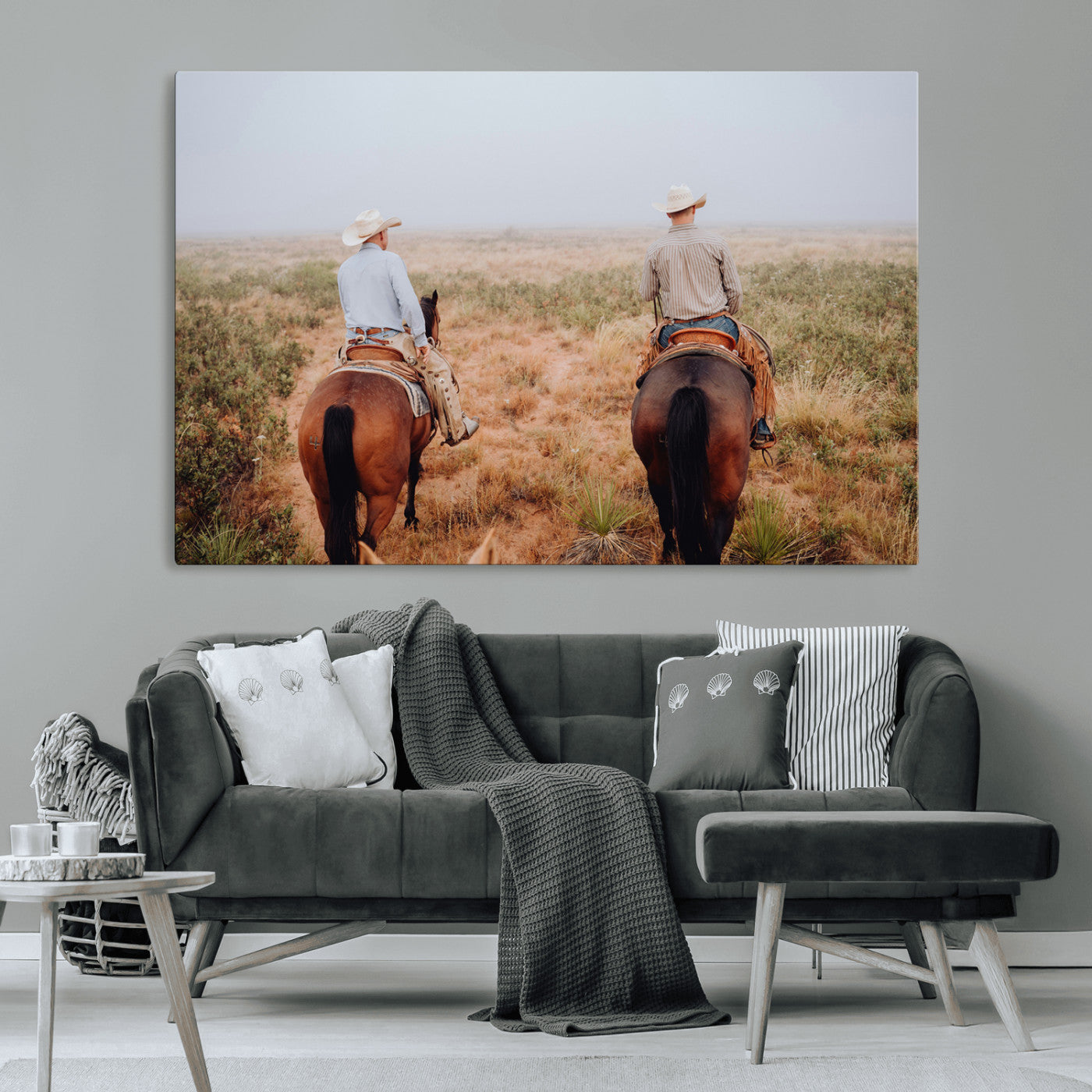 Two cowboys riding horseback through a misty prairie, capturing the rustic and adventurous spirit of the Western frontier.