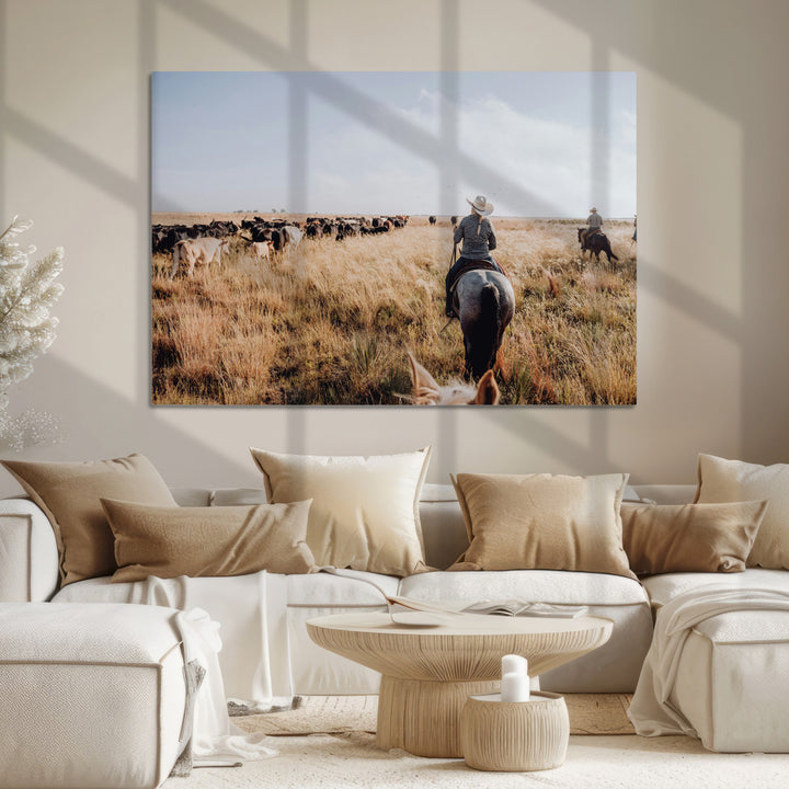 Western Wall Art Wall Art Canvas Print, Framed Cowboy Canvas Art Picture Print, Cattle Drive Scene Perfect Rustic Western Decor Artwork