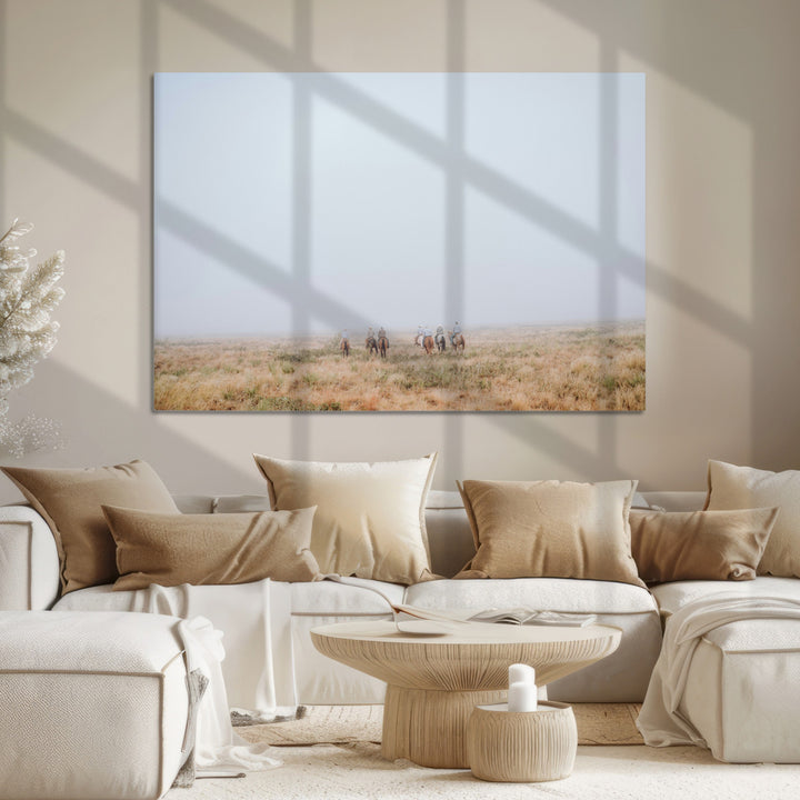 Foggy Plains Wall Art Canvas Print, Framed Horseback Riders Art Picture Print, Rustic Western Perfect Rustic Western Decor Artwork