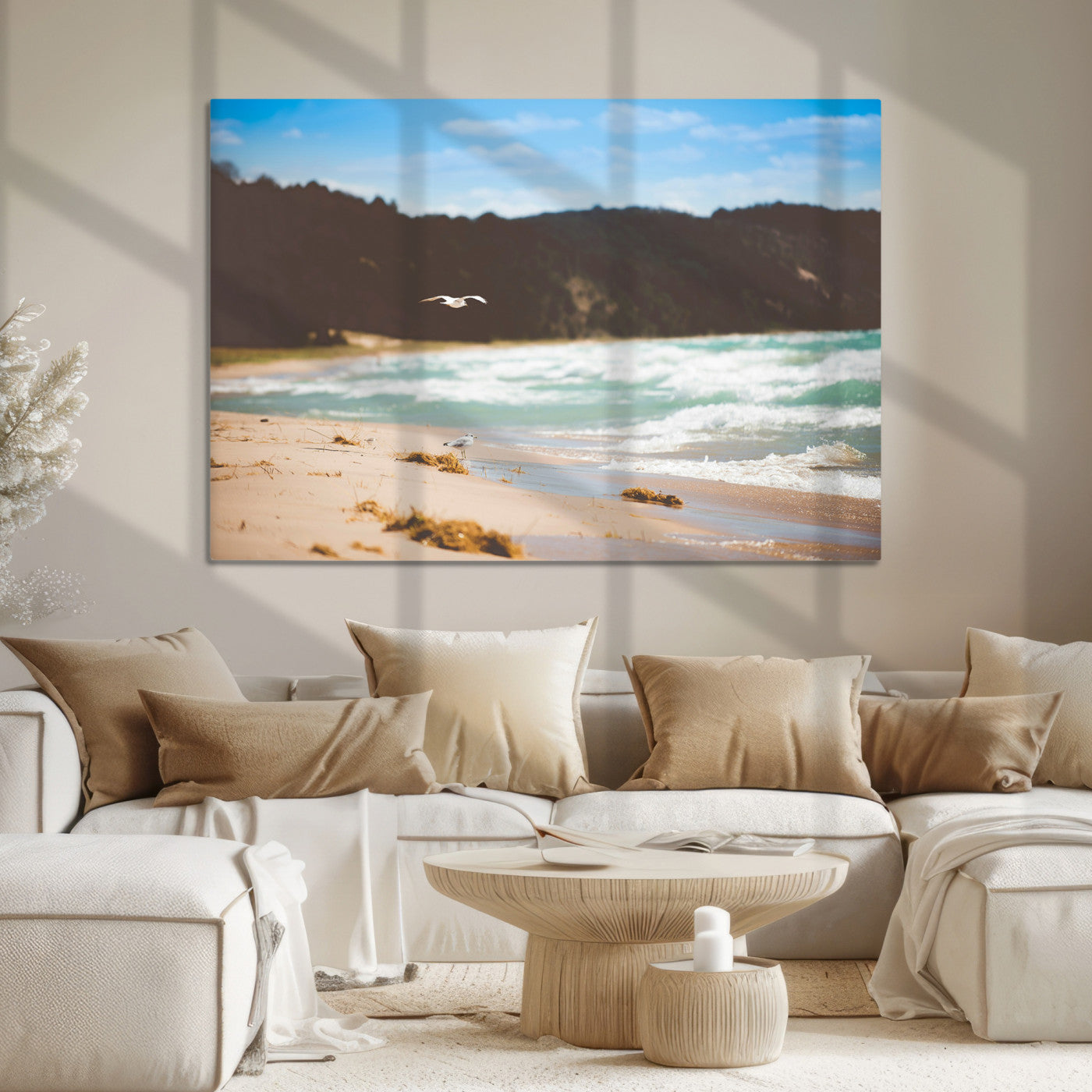 Tranquil Beach Scene Wall Art Canvas Print, Framed Blue Ocean Waves Art Picture Print, Sandy Coastline Perfect Coastal Cottage Decor Artwork