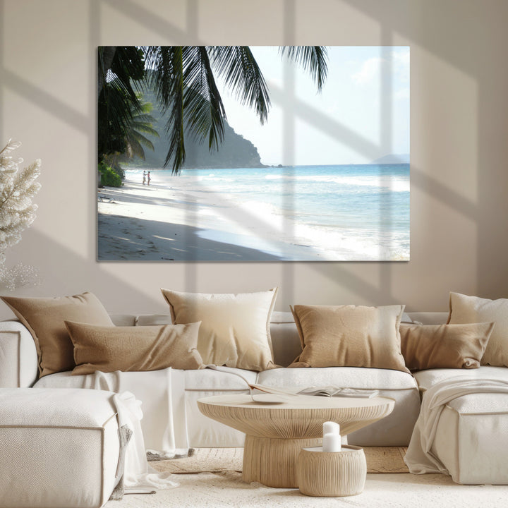 Tropical Beach Wall Art Canvas Print, Framed Serene Ocean Art Picture Print, Palm Tree Shadows Perfect Tropical Coastal Decor Artwork