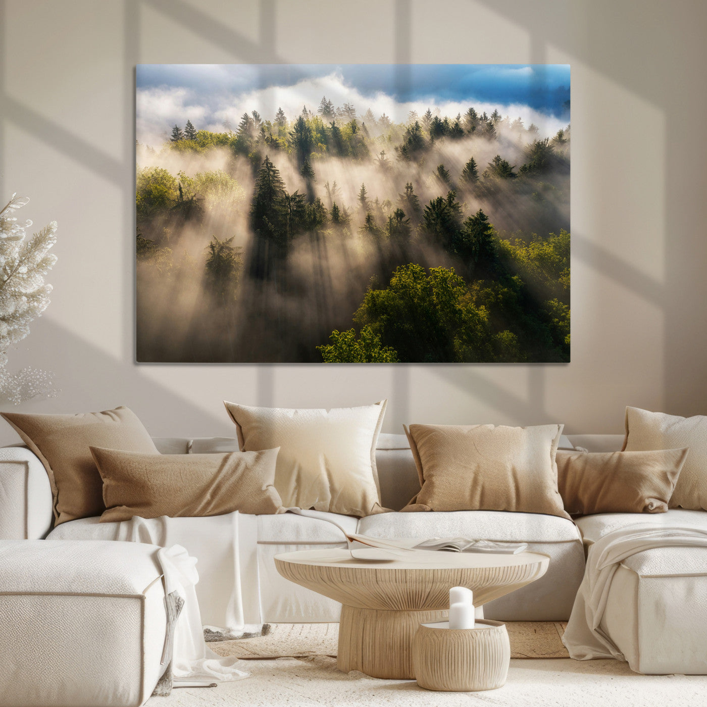 Tranquil Forest Scene Wall Art Canvas Print, Framed Sunbeam Through Trees Art Picture Print, Moody Green Wall Art Perfect Scandinavian