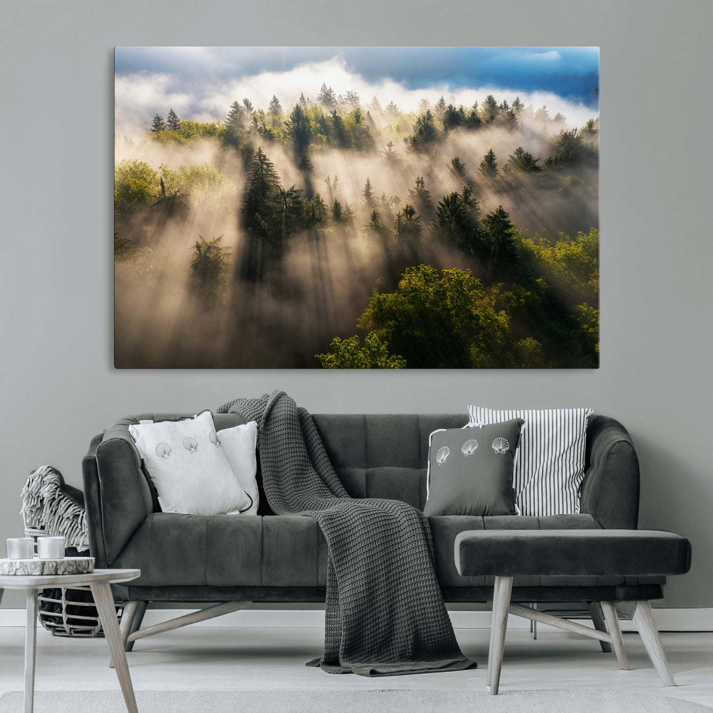 Sunlight streaming through misty pine trees in a lush green forest, creating a serene and atmospheric landscape, perfect for nature-inspired decor.