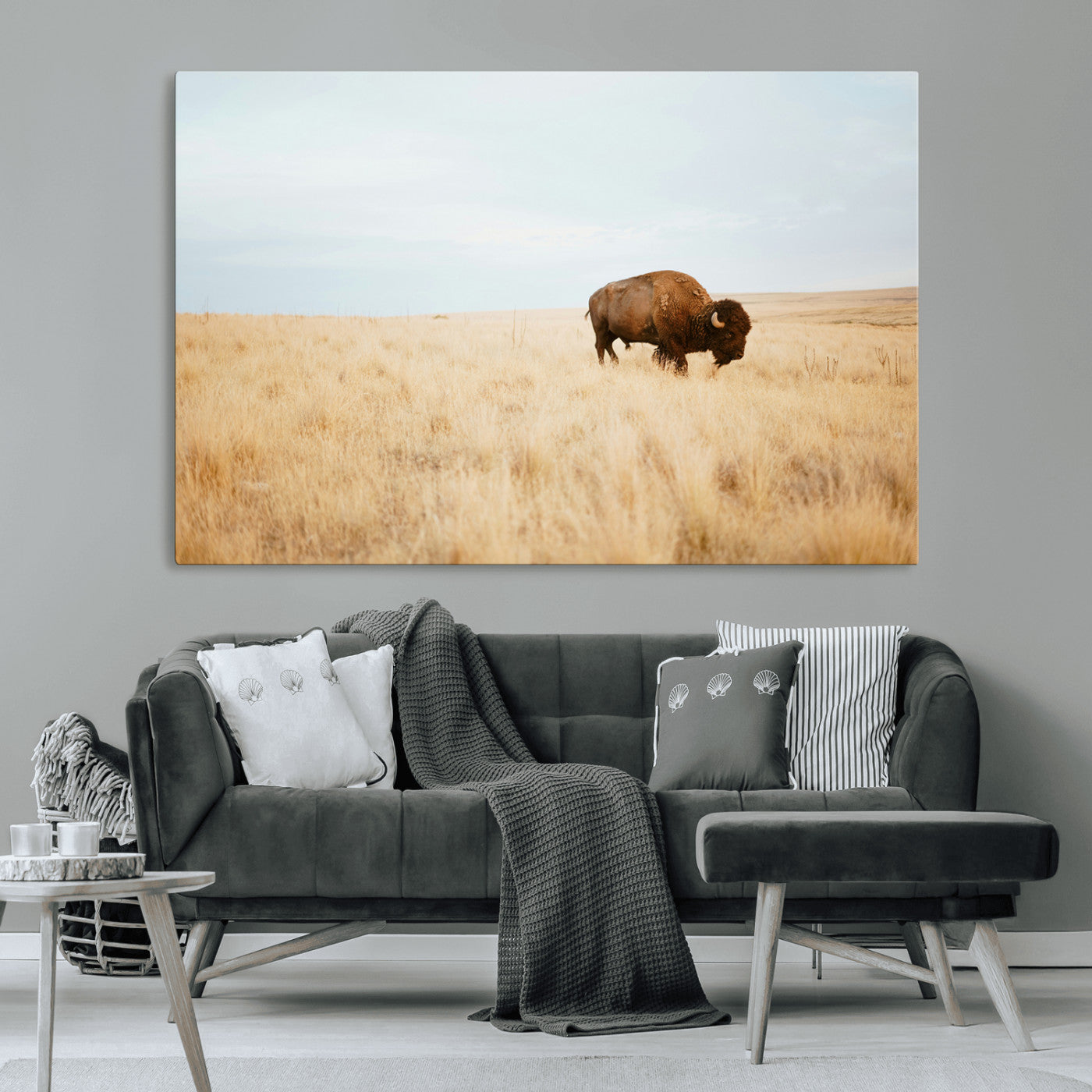 A lone bison standing in a vast golden grassland under a soft blue sky, evoking a rustic and Western aesthetic, ideal for farmhouse decor.
