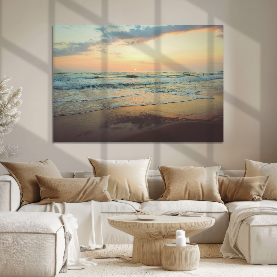 Sunset Seascape Wall Art Canvas Print, Framed Pastel Ocean View Art Picture Print, Tranquil Shoreline Perfect Boho Coastal Decor Artwork