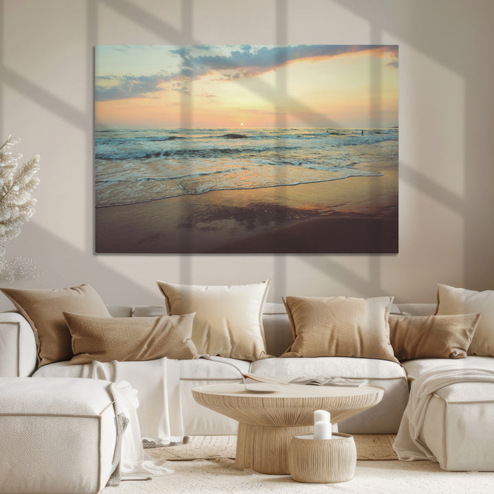 Sunset Seascape Wall Art Canvas Print, Framed Pastel Ocean View Art Picture Print, Tranquil Shoreline Perfect Boho Coastal Decor Artwork