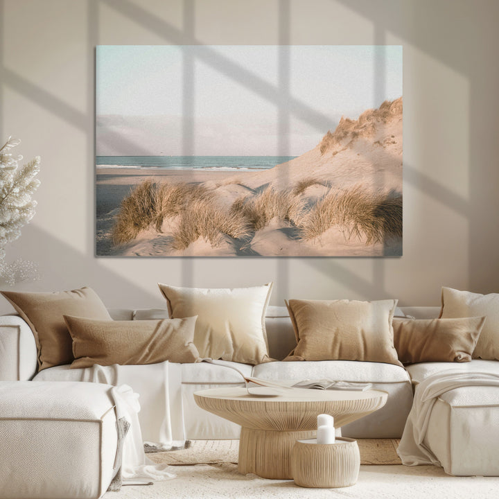 Minimalist Seascape Wall Art Canvas Print, Framed Neutral Beach Print Art Picture Print, Sand Dune Photography Perfect Scandinavian Coastal
