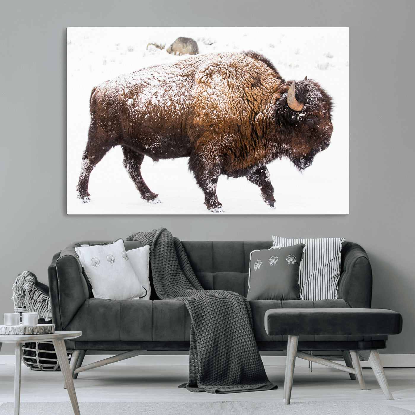Side profile of a powerful bison walking through deep snow, with frost-covered fur and a white winter background, perfect for rustic and western decor.