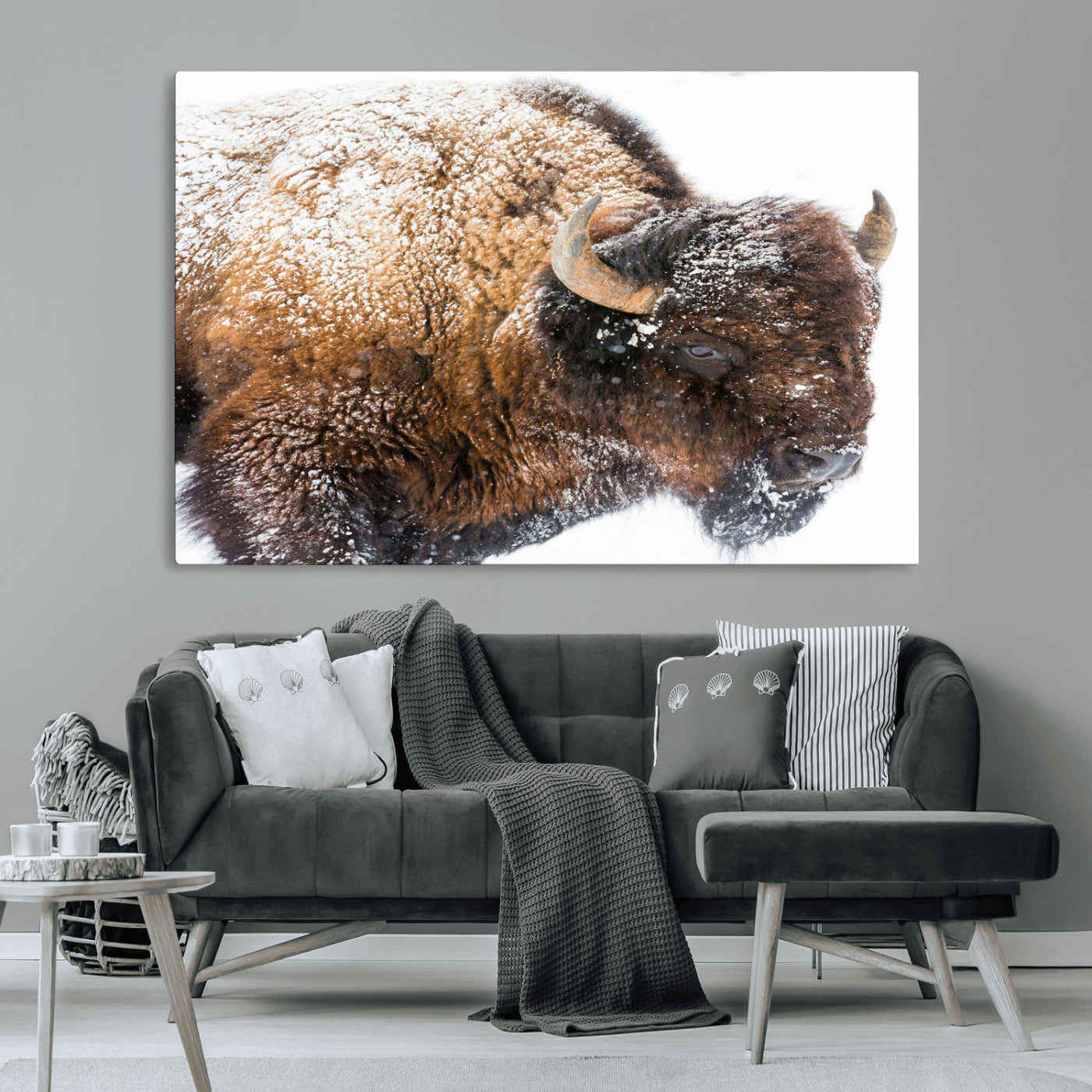 Close-up photograph of a bison covered in snow, highlighting its thick fur and powerful presence, set against a white winter backdrop, ideal for rustic decor.