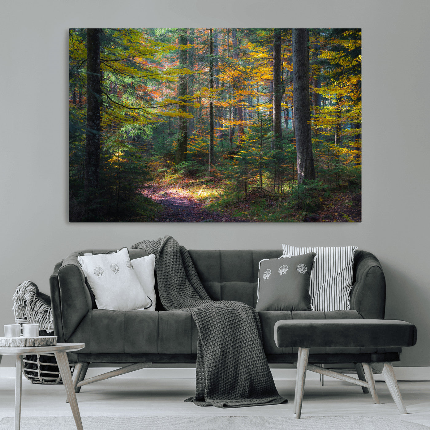 A serene autumn forest with golden and green leaves, a misty atmosphere, and a sunlit pathway, creating a tranquil nature-inspired wall art piece.