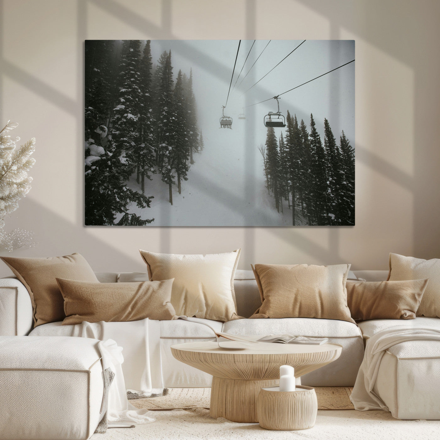 Ski Lift Wall Art Canvas Print, Framed Snowy Pines Art Picture Print, Misty Landscape Perfect Winter Serenity Decor Artwork