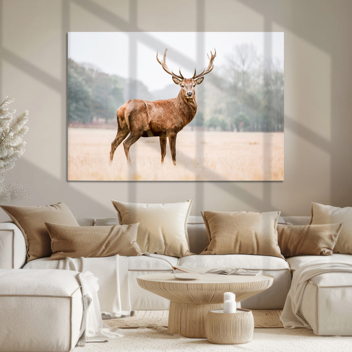 Vintage Wildlife Canvas Print, Framed Misty Landscape Art Picture Print, Deer Wall Art Perfect Rustic Wildlife Decor Artwork