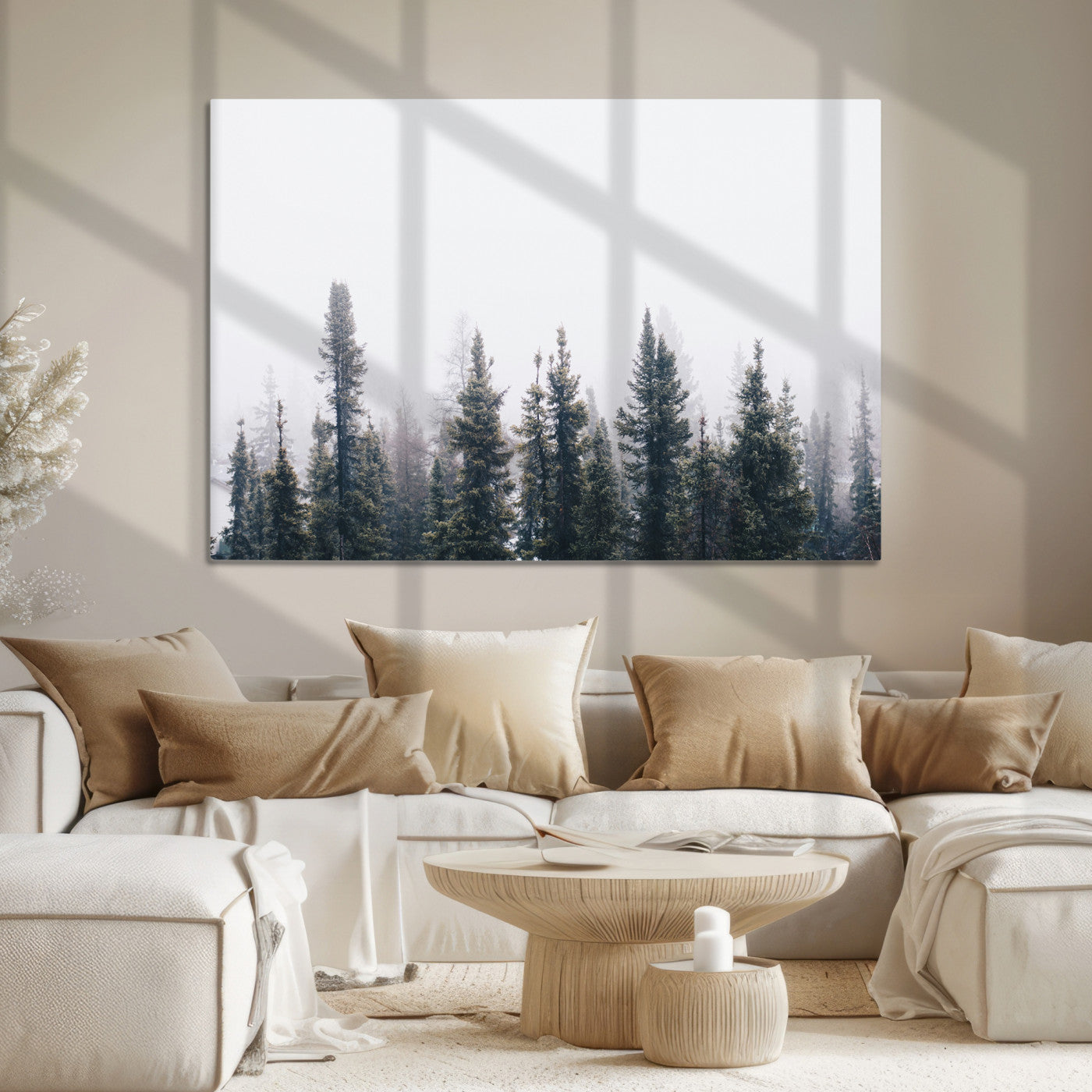 Foggy Forest Wall Art Canvas Print, Framed Misty Pines Art Picture Print, Moody Woodland Perfect Scandinavian Minimalist Decor Artwork