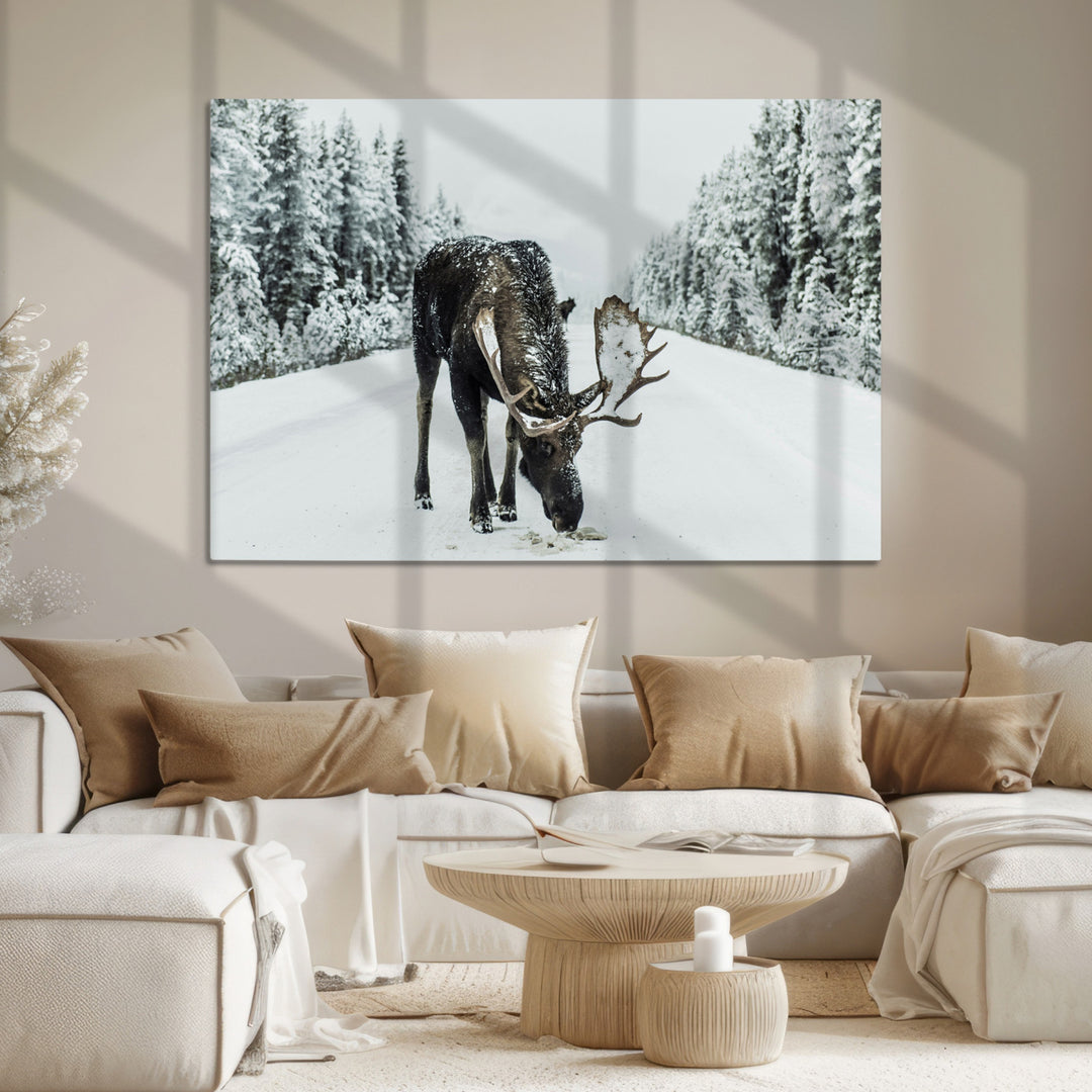 Moose in Snow Wall Art Canvas Print, Framed Winter Wildlife Art Picture Print, Snowy Forest Scene Perfect Rustic Lodge Decor Artwork