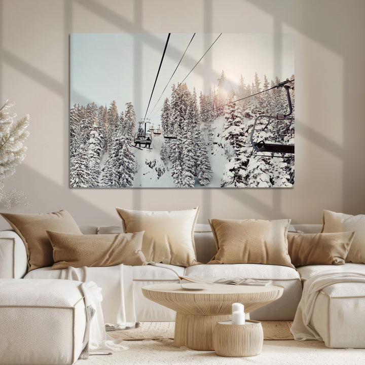 Frosty Pines Wall Art Canvas Print, Framed Cozy Cabin View Art Picture Print, Ski Lift Ride Perfect Rustic Lodge Decor Artwork