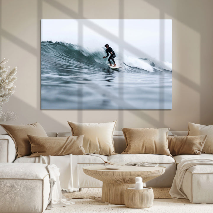 Surfer on Wave Wall Art Canvas Print, Ocean Adventure Print, Framed Motion Blur Water Art Print, Large Deep Blue Surf Printing