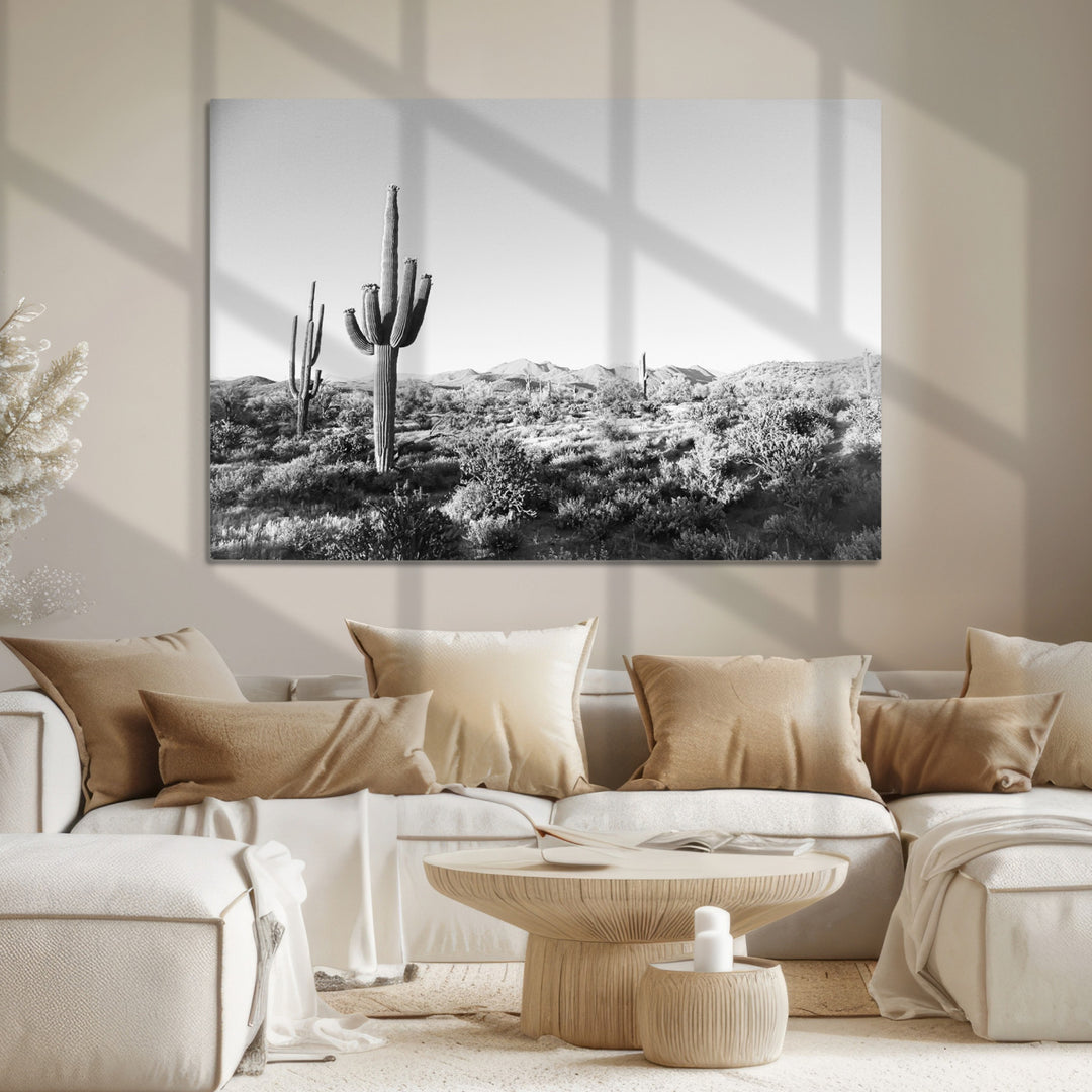 Saguaro Cactus Canvas Print Wall Art , Monochrome Landscape Print, Framed Scenic Arizona Art Print, Large Timeless Western Aesthetic