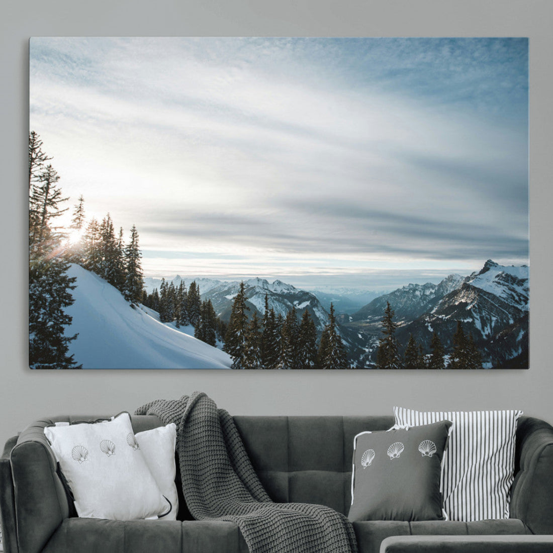 Snowy Mountains Wall Art Canvas Print, Framed Alpine Landscape Frosty Peaks Artwork