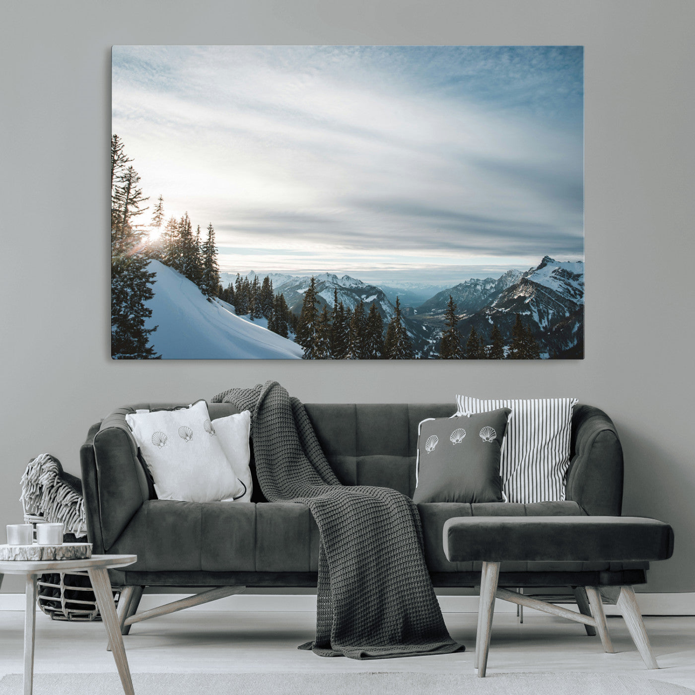 MGV-CV-36X24 - Snowy Mountains Wall Art Canvas Print, Framed Alpine Landscape Art Picture Print, Frosty Peaks Perfect Nordic Minimalist Decor Artwork